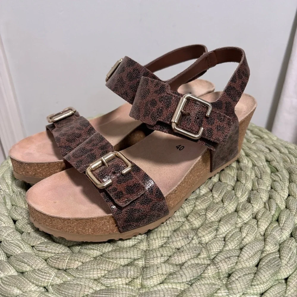 Mephisto Lissandra Brown Leopard Print Leather Slingback Wedge Sandals Size 10